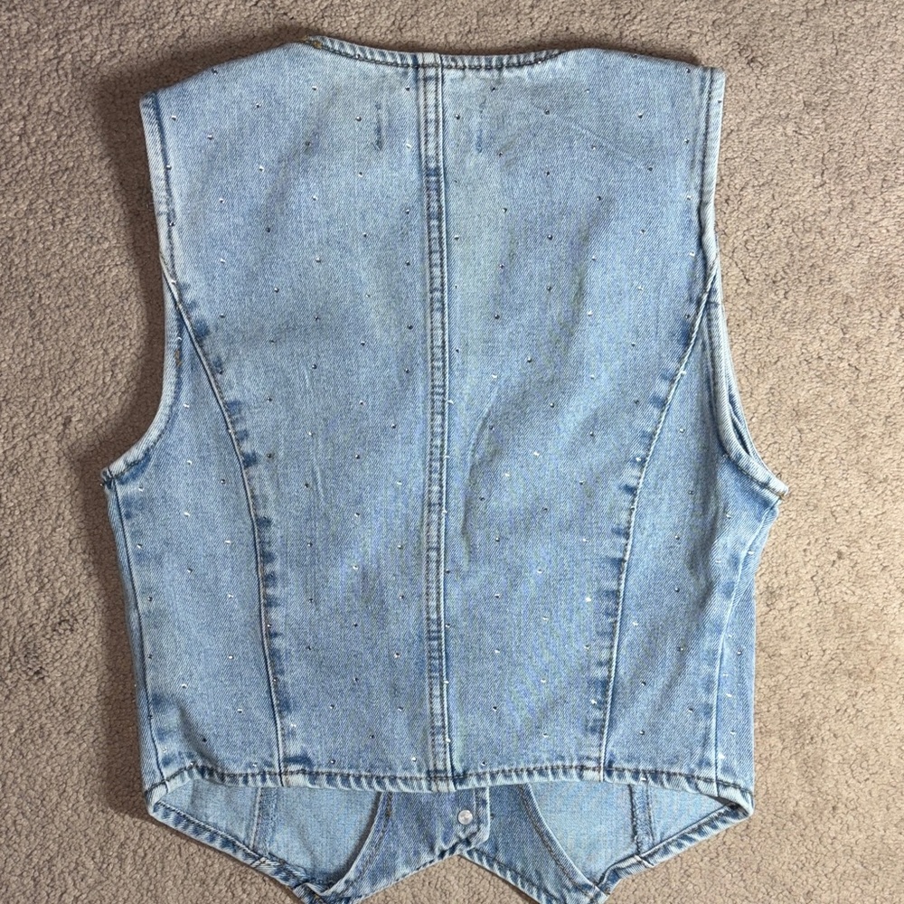 Denim Rhinestone Buttoned Vest - Picture 2 of 3